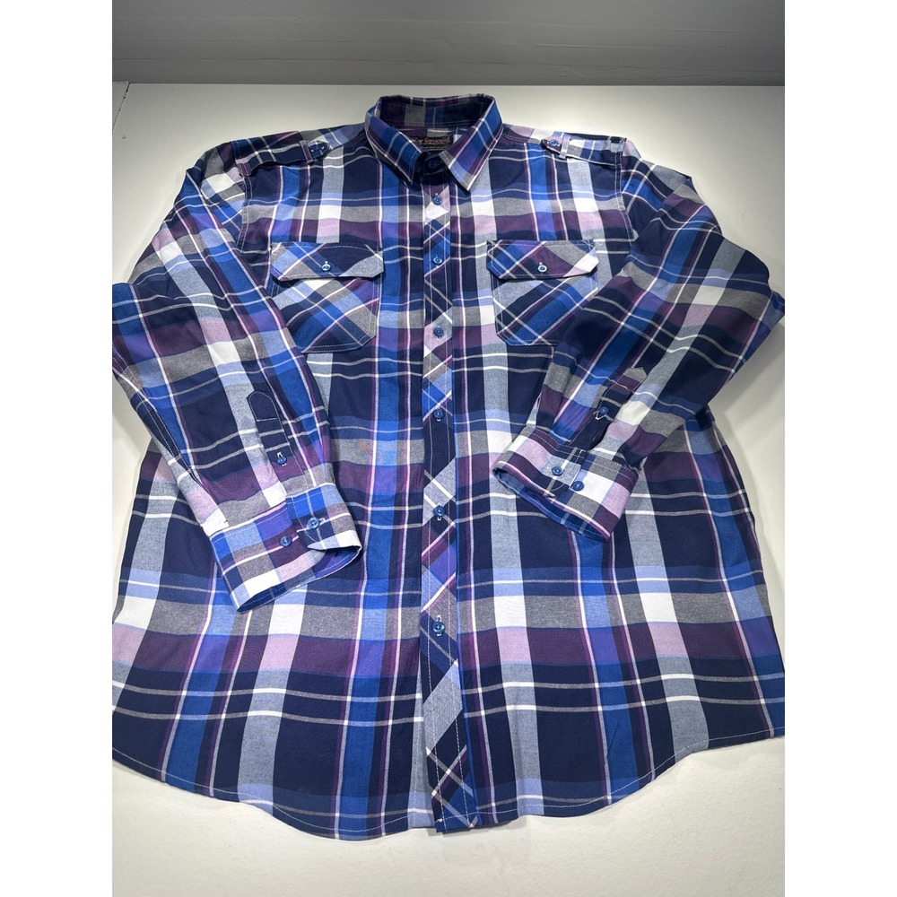 Black Lacquer Mens 4XL Plaid Button Down Shirt Blue Purple Long Sleeve Epaulets